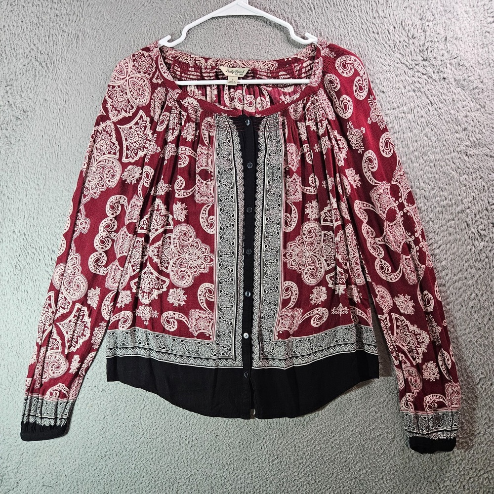 Lucky Brand Top Blouse Women Small Geometric Non Stretch Maroon Black‎ White